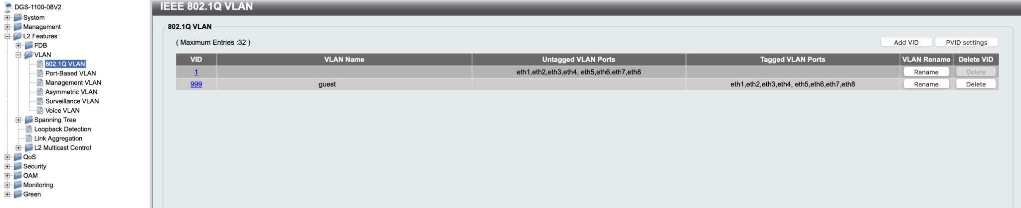 802.1Q configuration page in D-Link switch with default VLAN 1 untagged for all ports and guest VLAN 999 tagged for all ports