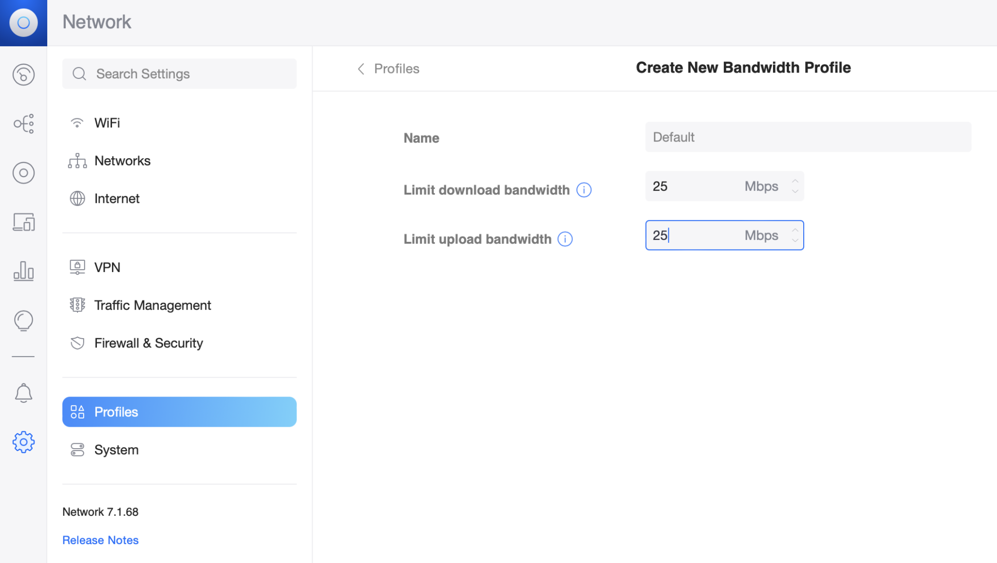 A Bandwidth Profile definition limiting download and upload speeds to 25 Mbps each