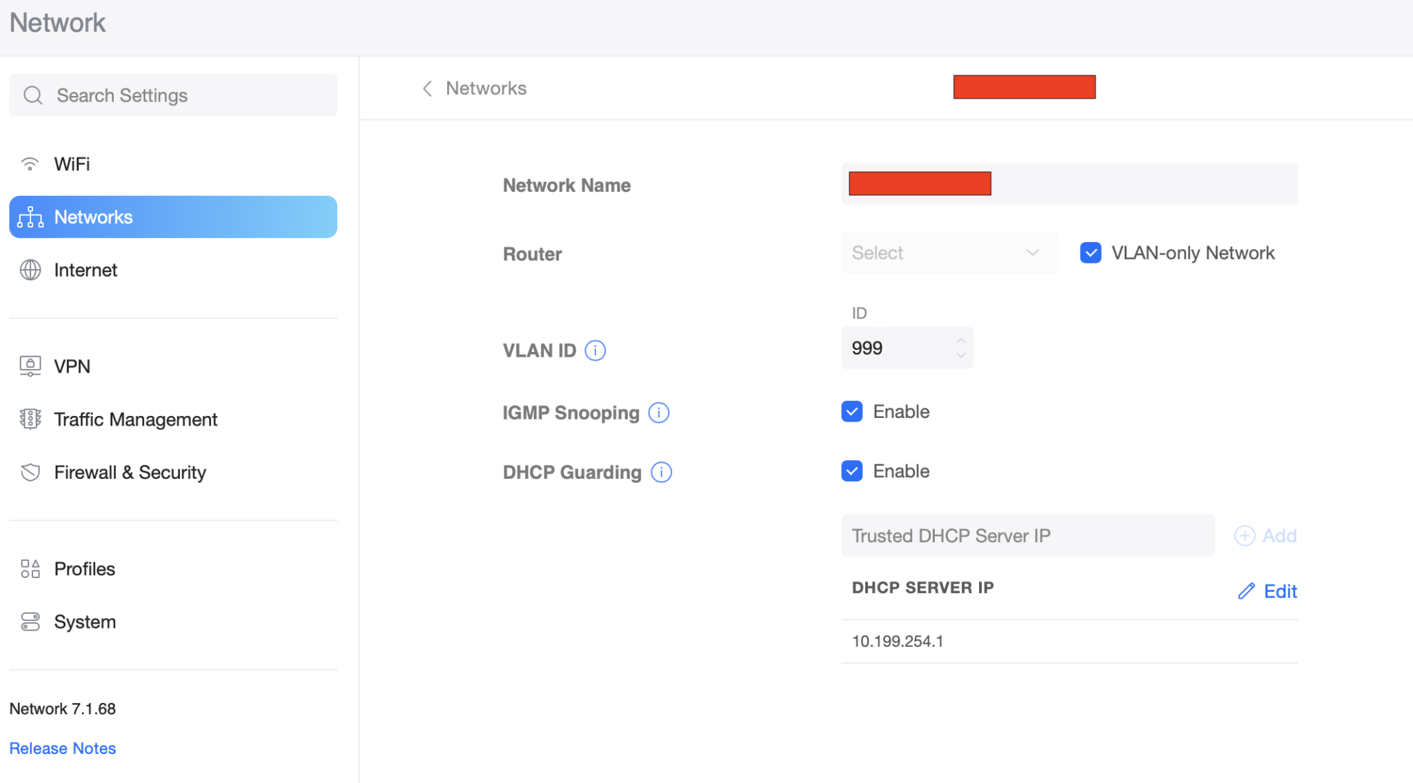 A VLAN-only network definition in the Unifi app